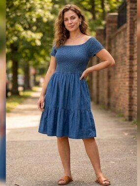 M.P.H. Collections Blue 100% Cotton Denim Look Smocked Tiered Midi Dress XL